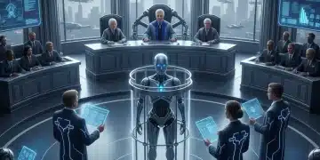 AI robot in courtroom, symbolizing legal accountability in US 2026