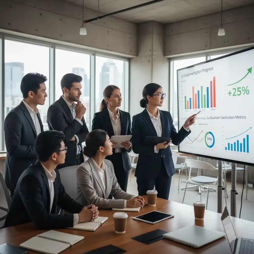 Business leaders analyzing AI implementation and projected 25% customer satisfaction increase in a meeting.