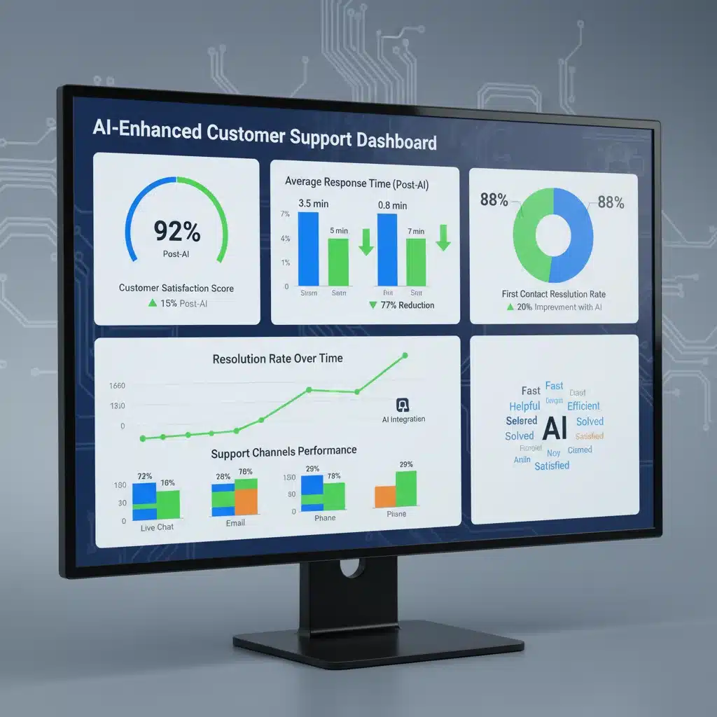 Customer support analytics dashboard showing improved metrics with AI