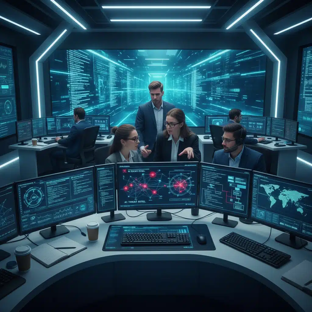 Cybersecurity team using AI threat intelligence in a high-tech control room.