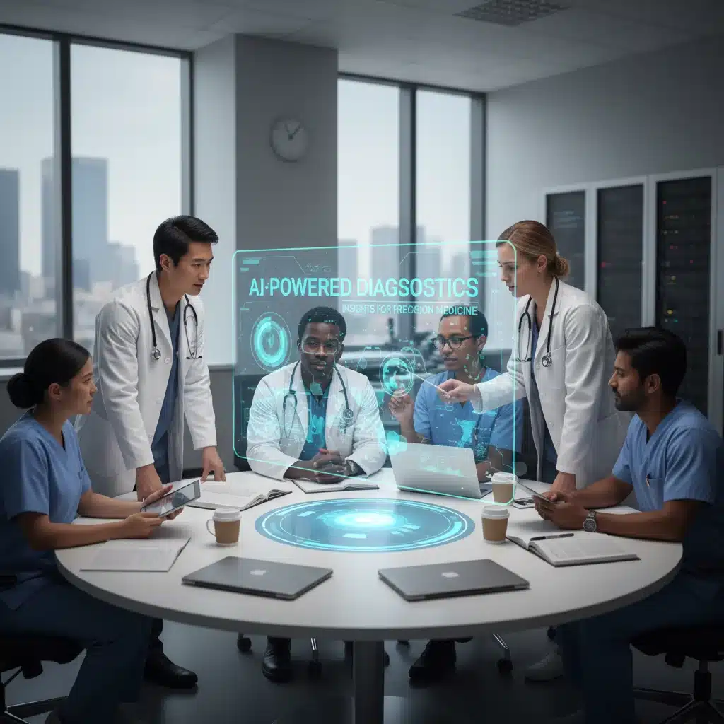 Healthcare team collaborating with AI insights