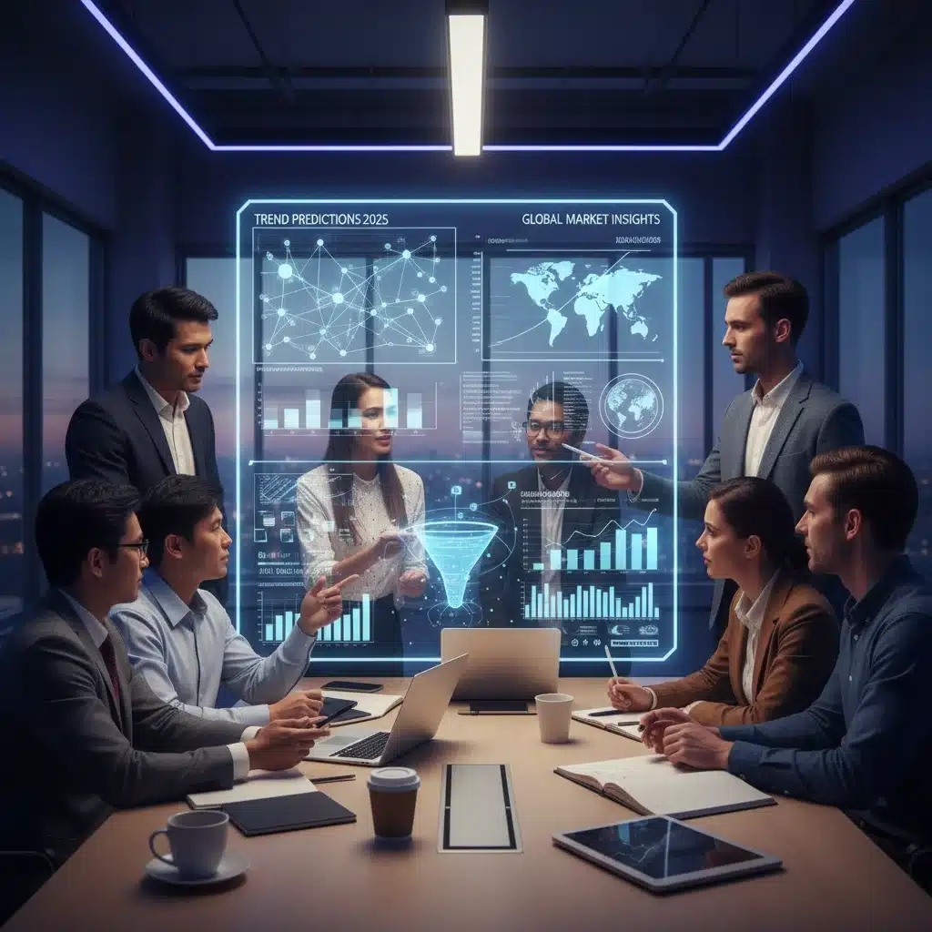 Marketing team collaborating with AI analytics for strategic decision-making and trend prediction.