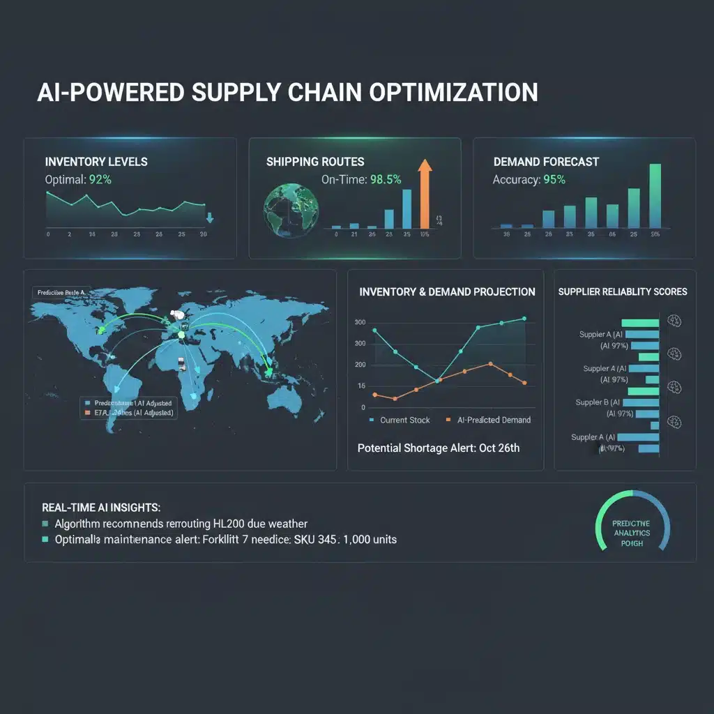 AI dashboard showing predictive analytics for supply chain management