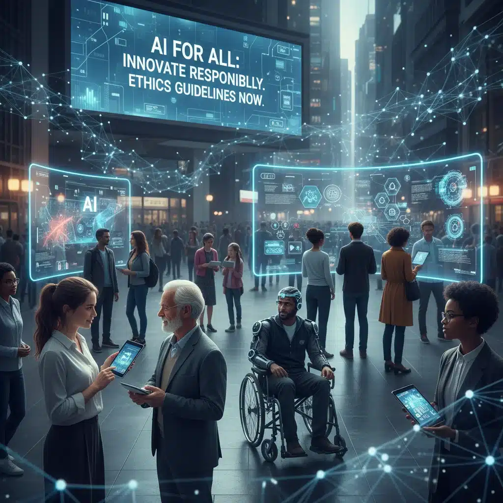 Diverse people interacting with AI devices, showing societal impact