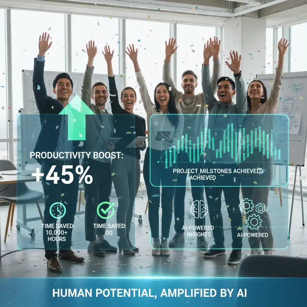 Project team celebrating increased productivity and time saved with AI tools.