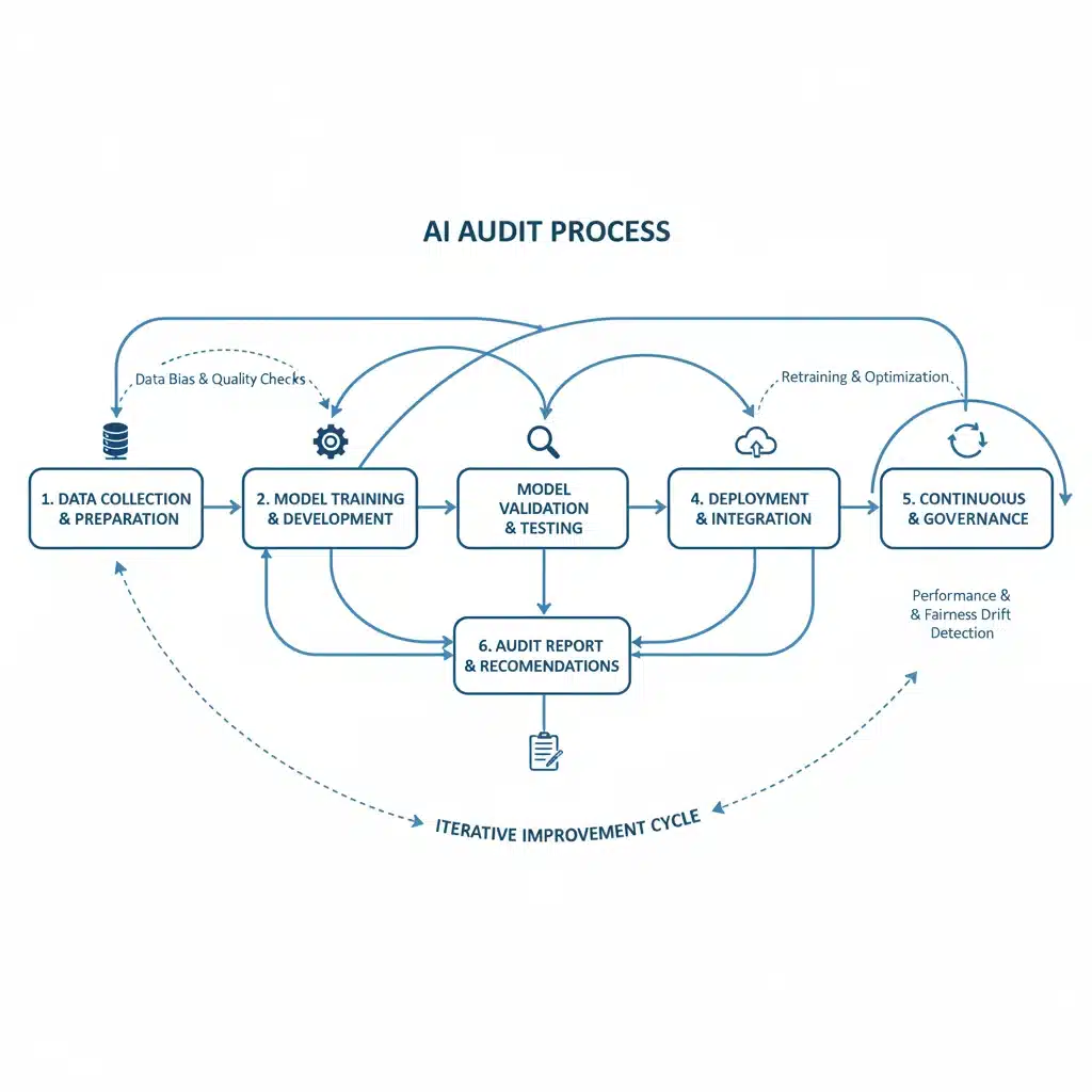 Systematic flowchart depicting stages of an AI algorithm audit process.