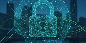 Secure AI data privacy lock with neural network over U.S. cityscape