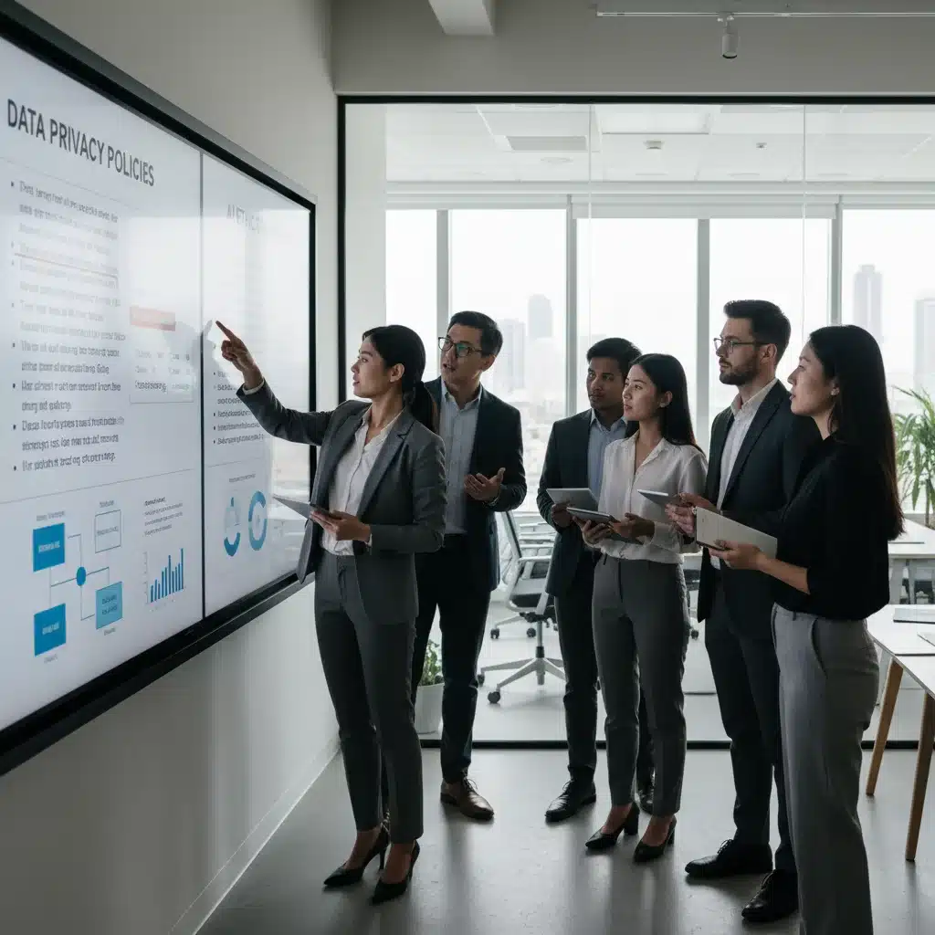 Business team collaborating on AI ethics and data privacy policies