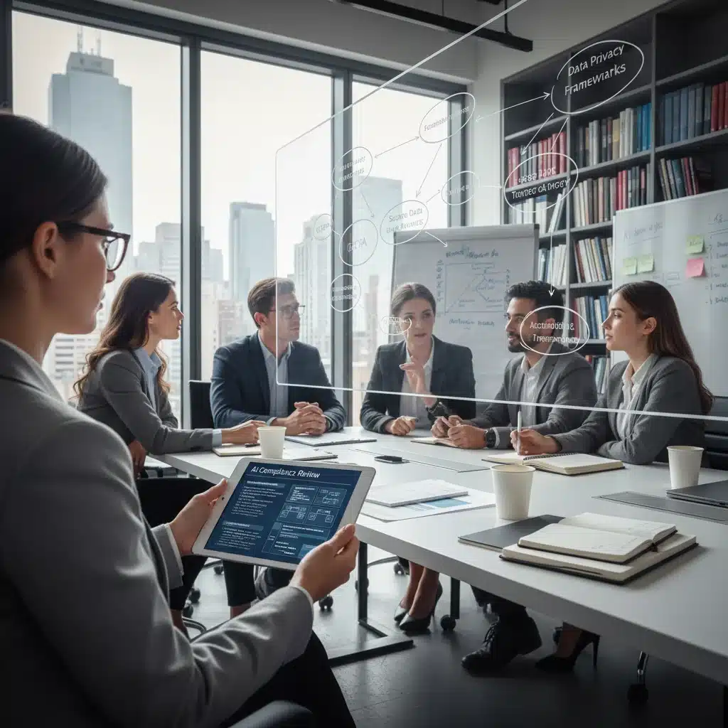 Compliance officer reviewing legal documents for AI governance