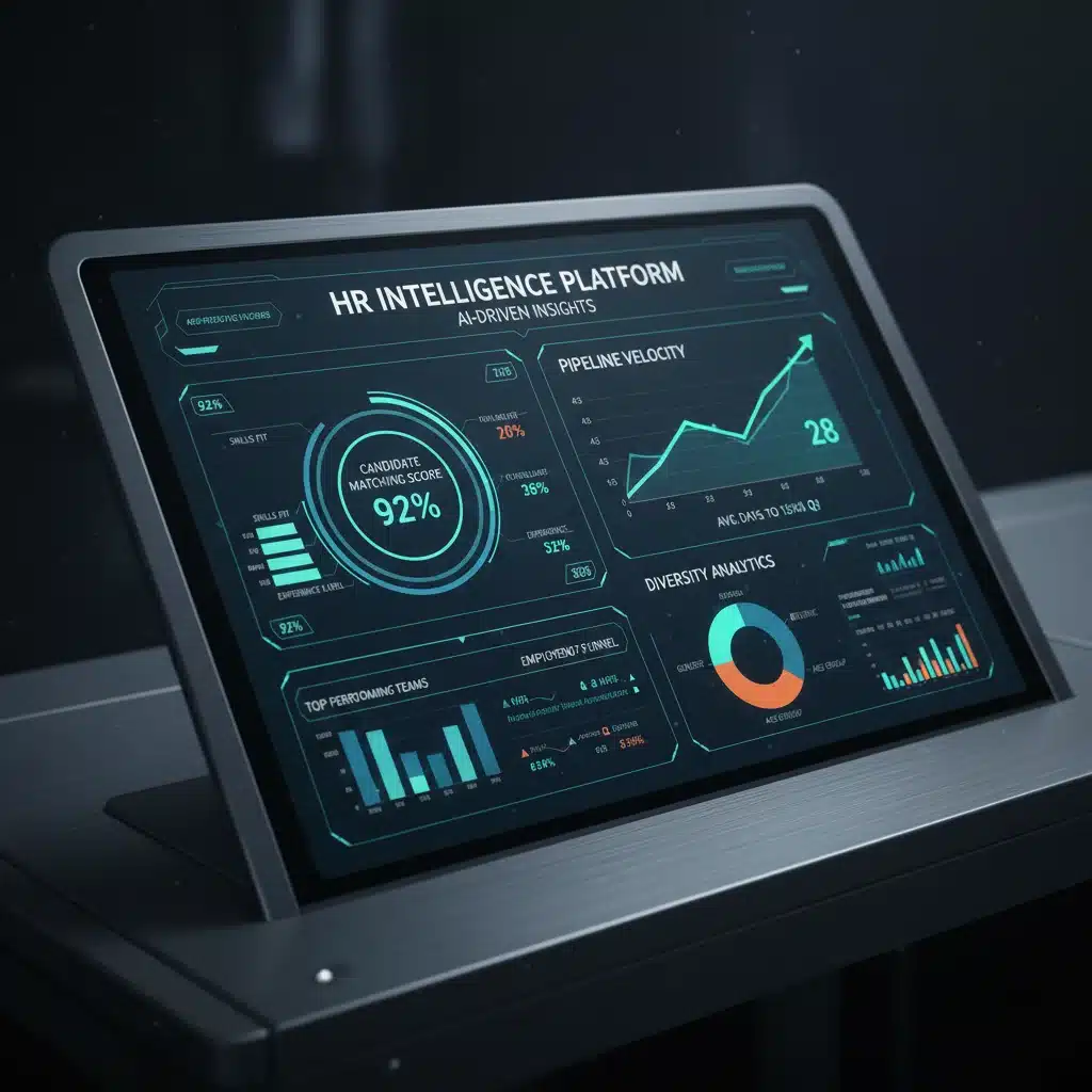 AI-driven HR analytics dashboard showing recruitment metrics and candidate insights.