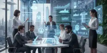 HR professionals interacting with AI-powered recruitment software on transparent screens, symbolizing efficiency.