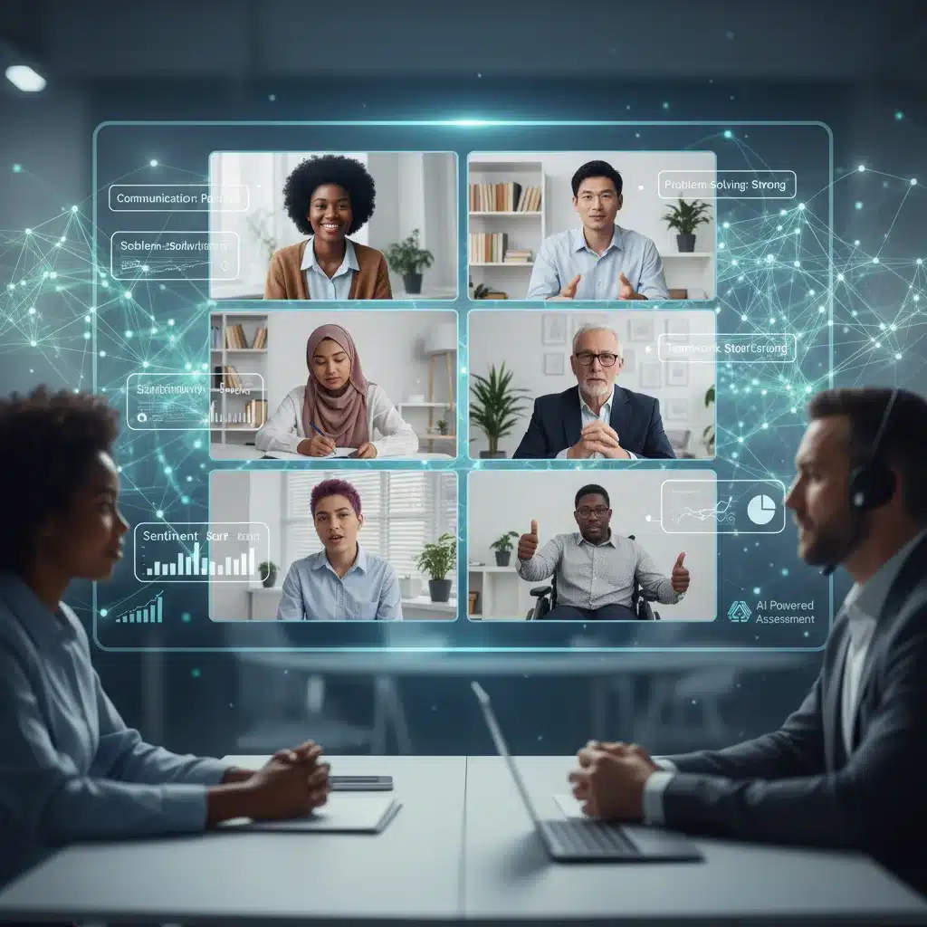 Diverse candidates participating in AI-assisted video interviews, promoting inclusive hiring.