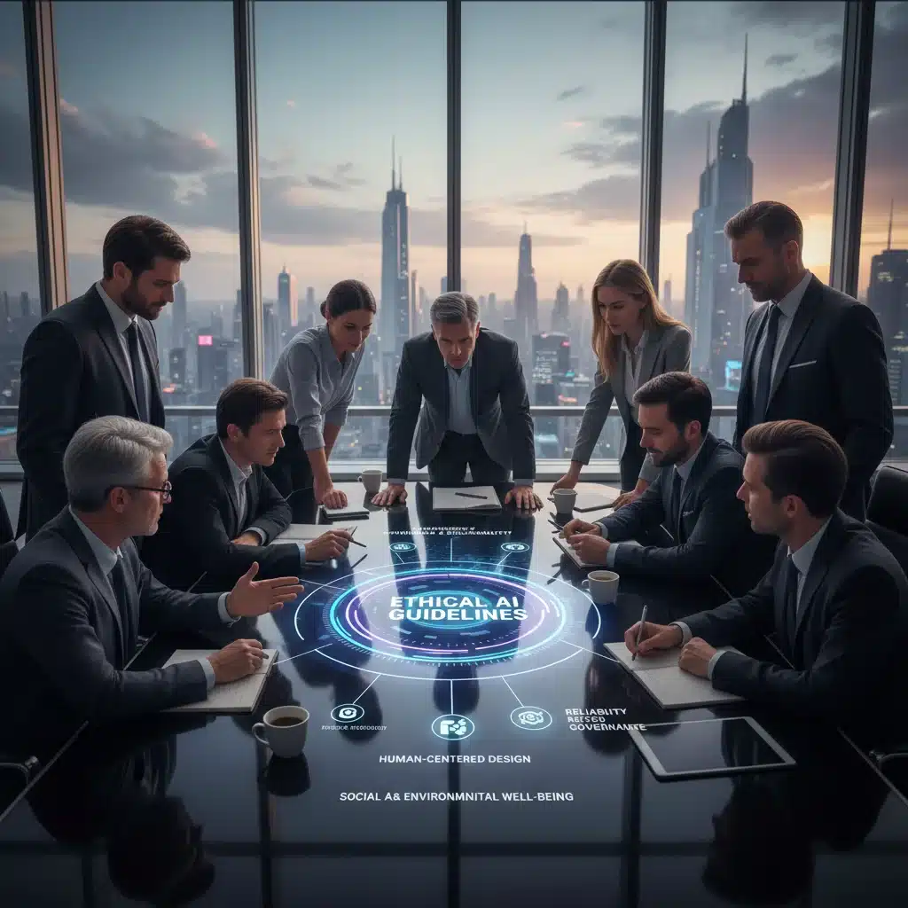 Business leaders discussing ethical AI governance