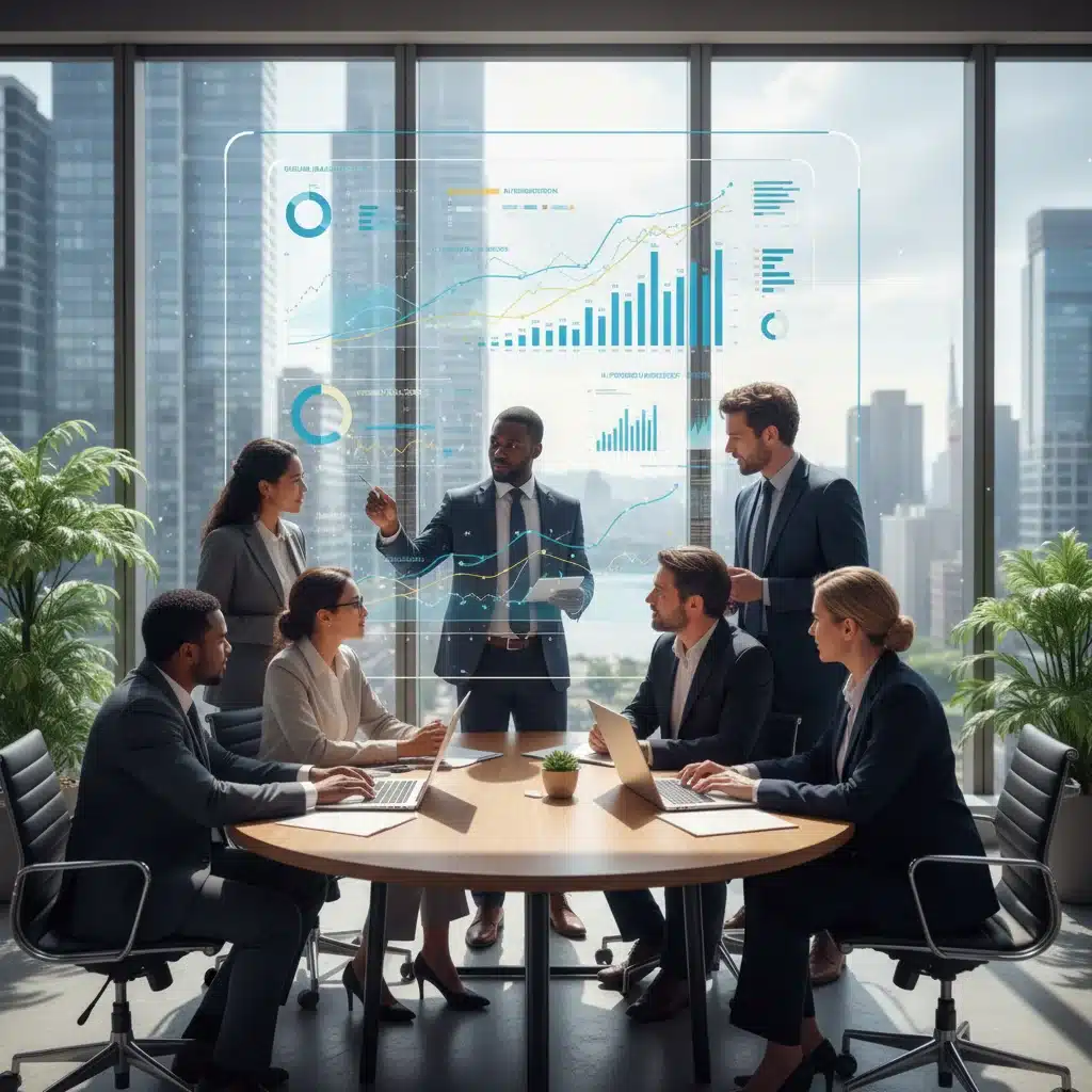 Business team analyzing AI sales forecasts on a large screen, collaborating on strategies.